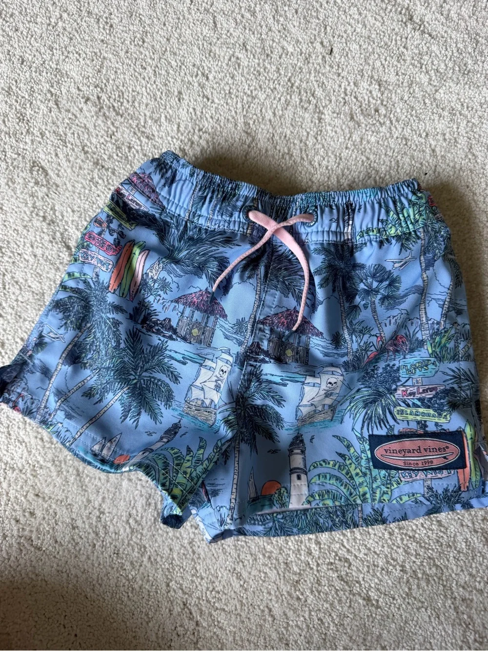 Vineyard Vines Light Blue Tropical Print Women’s Shorts with Pink Drawstring